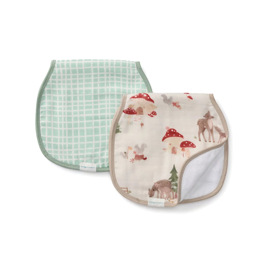 Loulou Lollipop Burp Cloth Set: two cloths in mint grid and woodland print with beige trim, one folded to show terry backing.