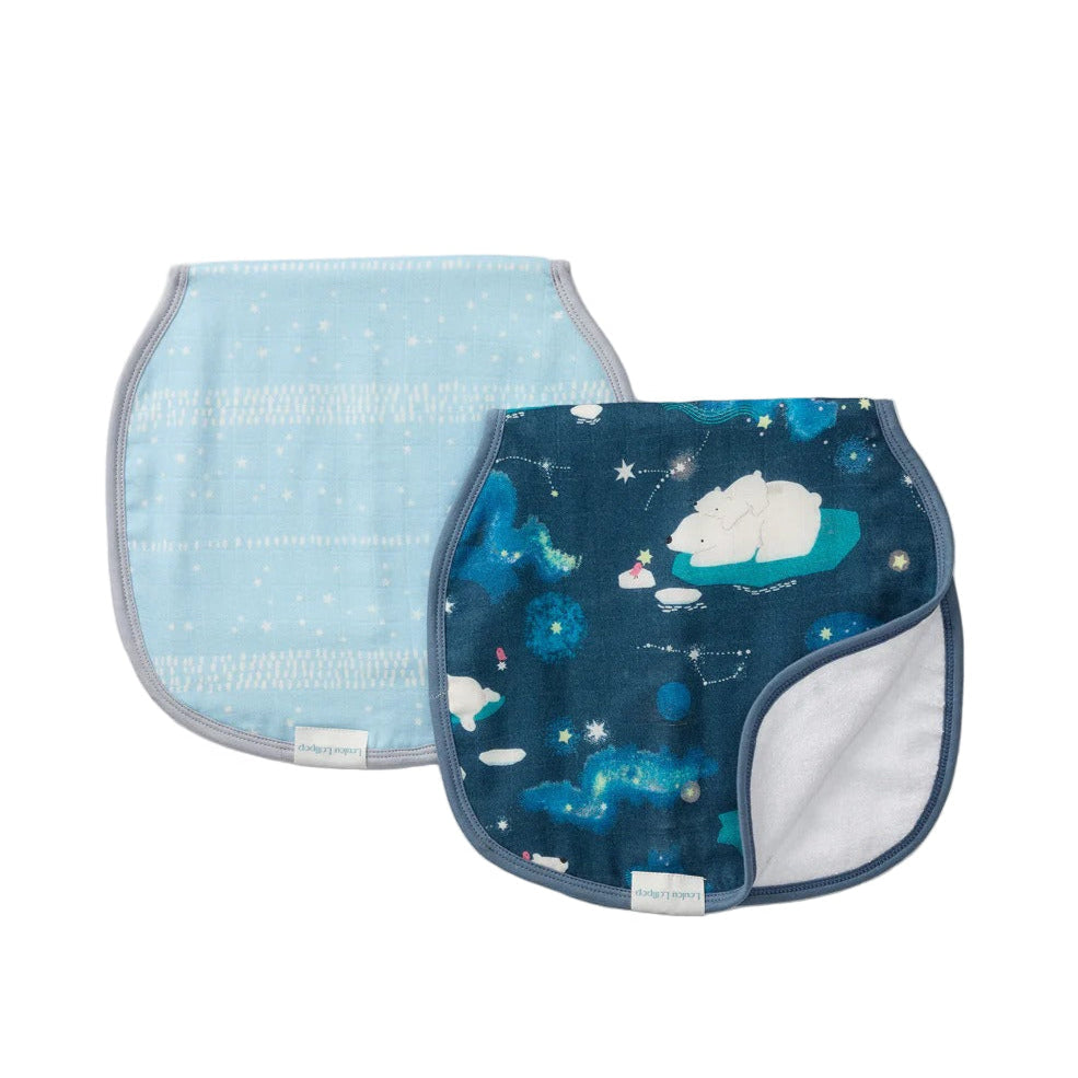 Loulou Lollipop Burp Cloth Set: two navy and light-blue burp cloths with space bear pattern and soft terry backs.