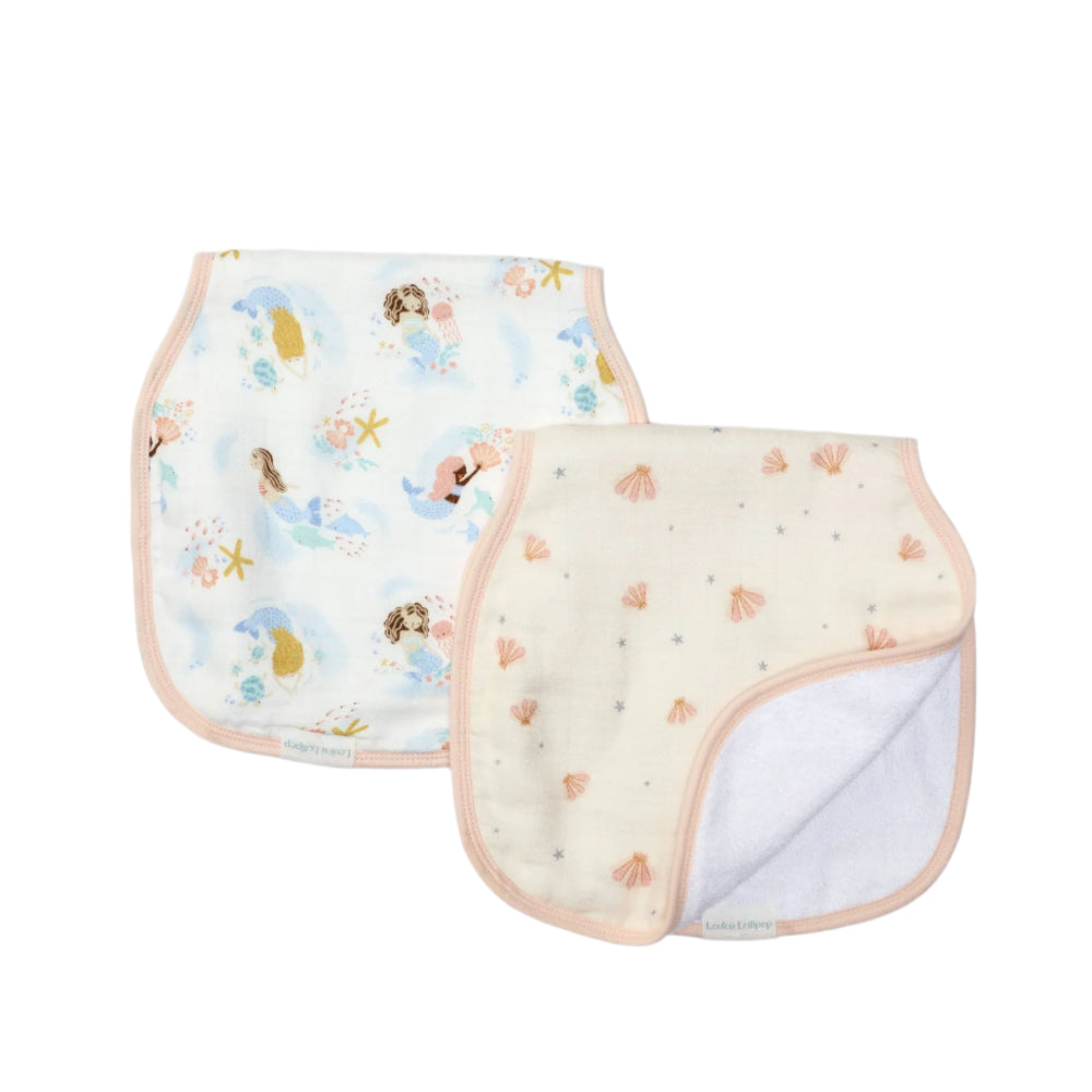 Loulou Lollipop burp cloth set, two pastel seashell and mermaid prints with pink trim