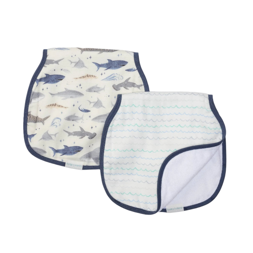 Loulou Lollipop burp cloth set, 2-pack with shark ocean print and aqua wave pattern, navy trim