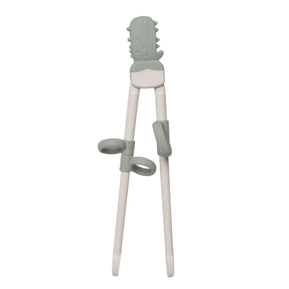 Loulou Lollipop Chopsticks for toddlers, teal silicone grips and adjustable finger rings shown on the sticks.