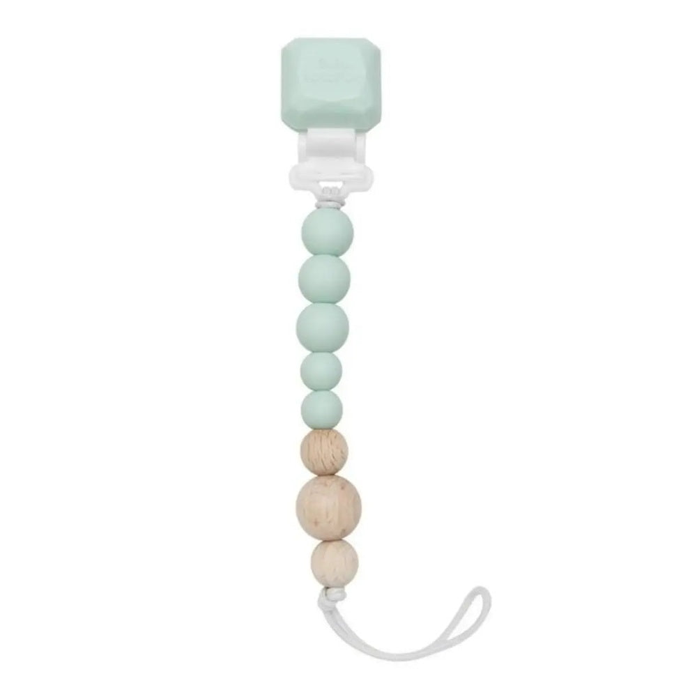 Loulou Lollipop Colour Pop Silicone & Wood Pacifier Clip—mint silicone and natural wood beads with a looping strap.