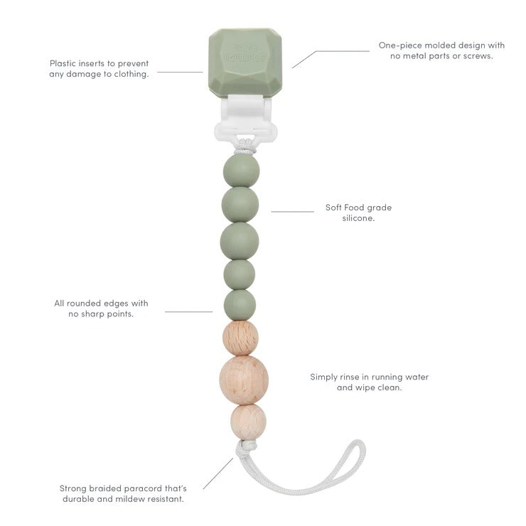 Loulou Lollipop Colour Pop pacifier clip with slate square top, olive silicone beads and natural wood beads