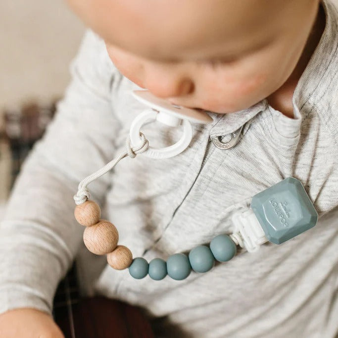 Loulou Lollipop Colour Pop silicone and wood pacifier clip in slate with beaded chain