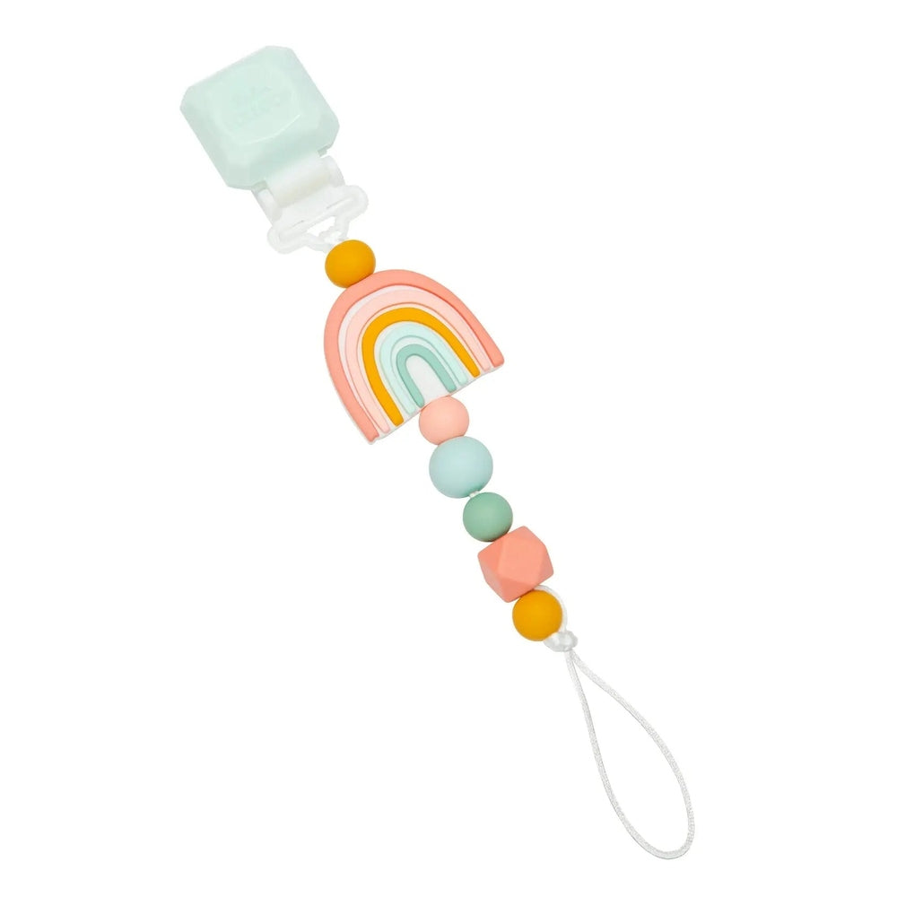 Loulou Lollipop Darling Pacifier Clip with pastel rainbow silicone beads, clip fastening to fabric and hanging loop.