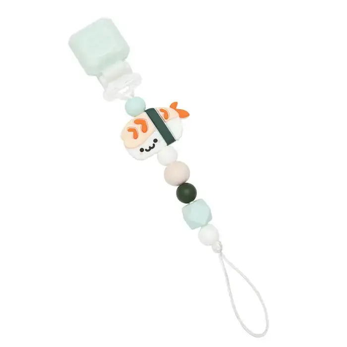 Loulou Lollipop Darling Pacifier Clips: mint teal white beads with a sheep charm; clip secures pacifier by loop.
