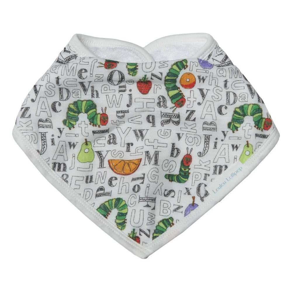 Loulou Lollipop Eric Carle bandana bib featuring alphabet letters and caterpillar illustrations on white fabric.