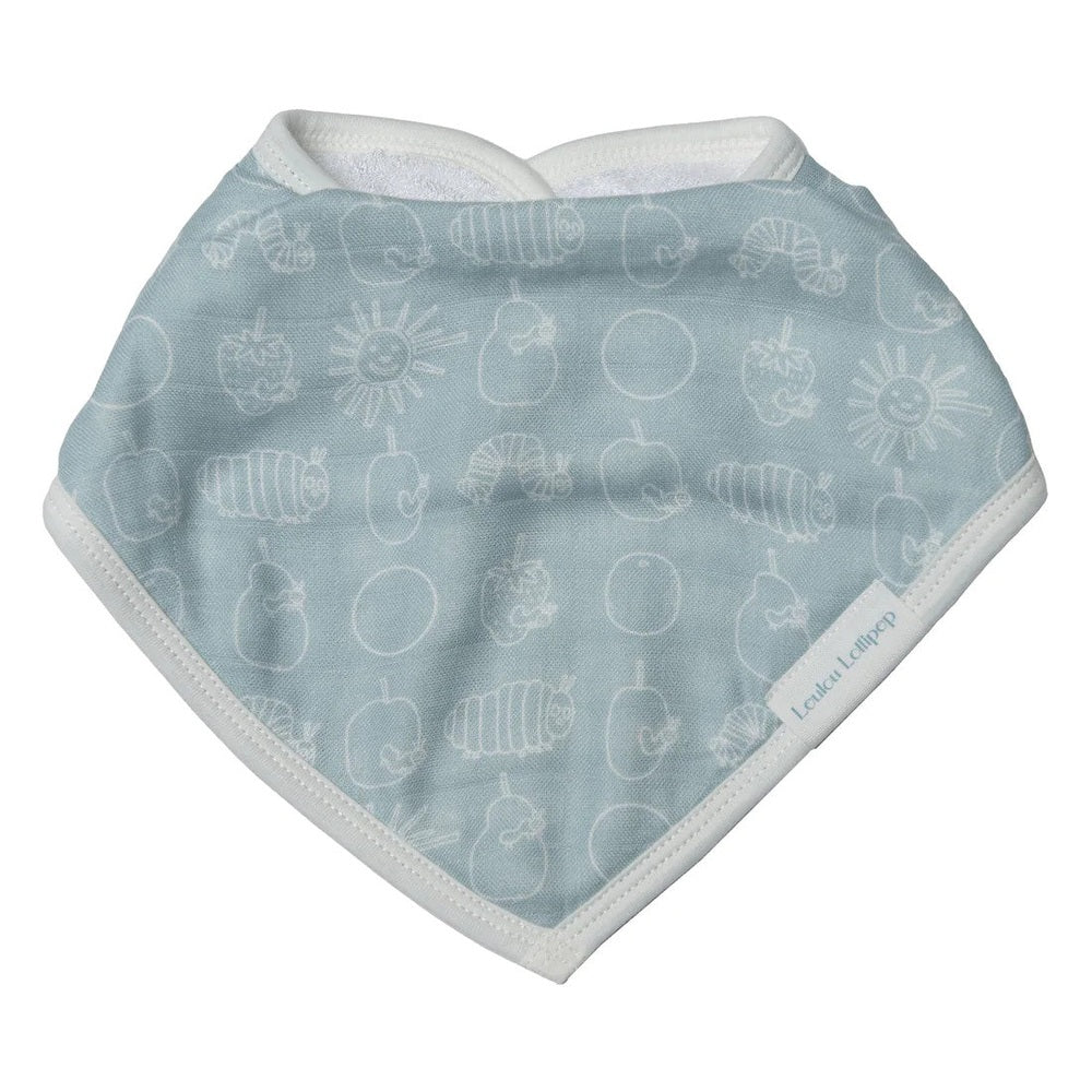 Loulou Lollipop Eric Carle bandana bib, light blue with white alphabet and caterpillar prints, LOULOU LOLLIPOP