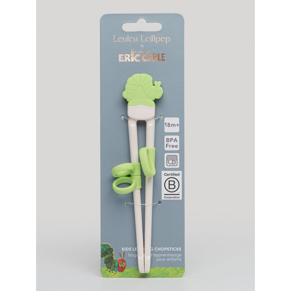 Loulou Lollipop Eric Carle Caterpillar chopsticks for kids, white handles with lime green caterpillar toppers, BPA free.