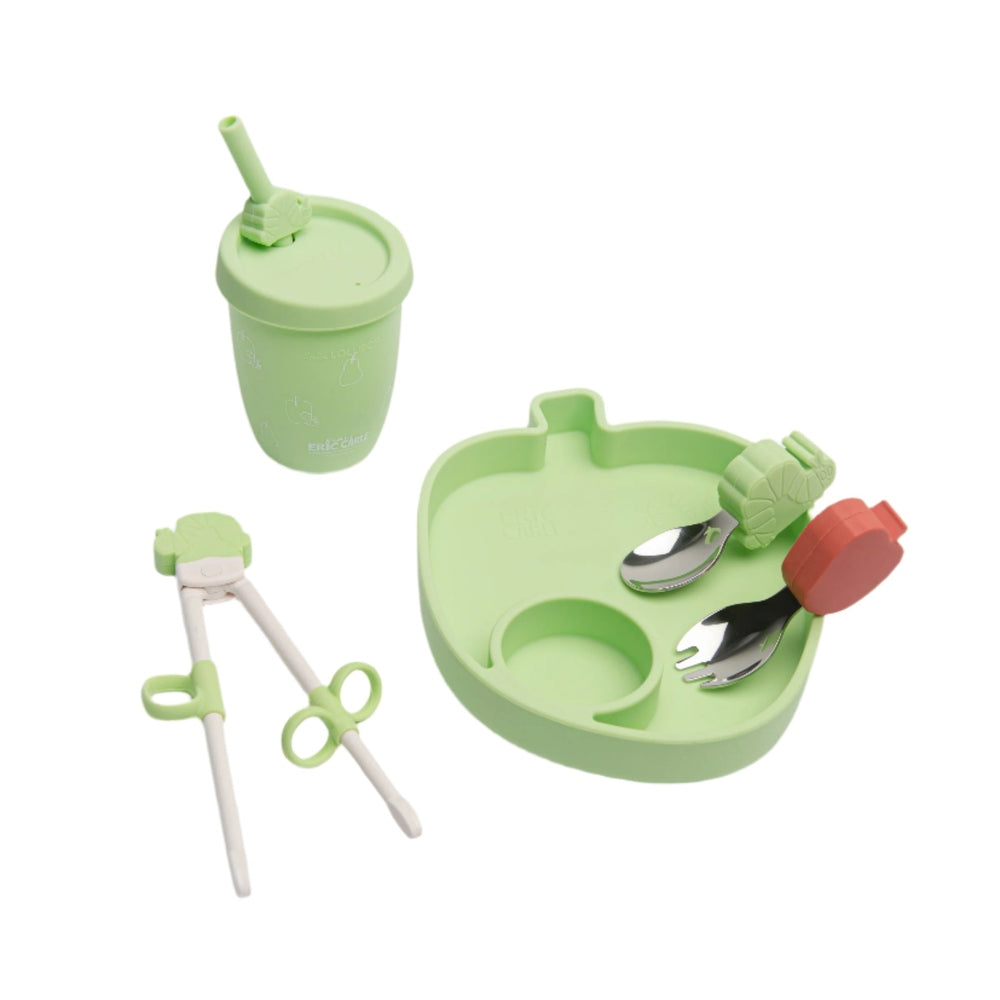 Loulou Lollipop Eric Carle Caterpillar feeding set in lime green with cup, divided plate and utensils (4 pieces)