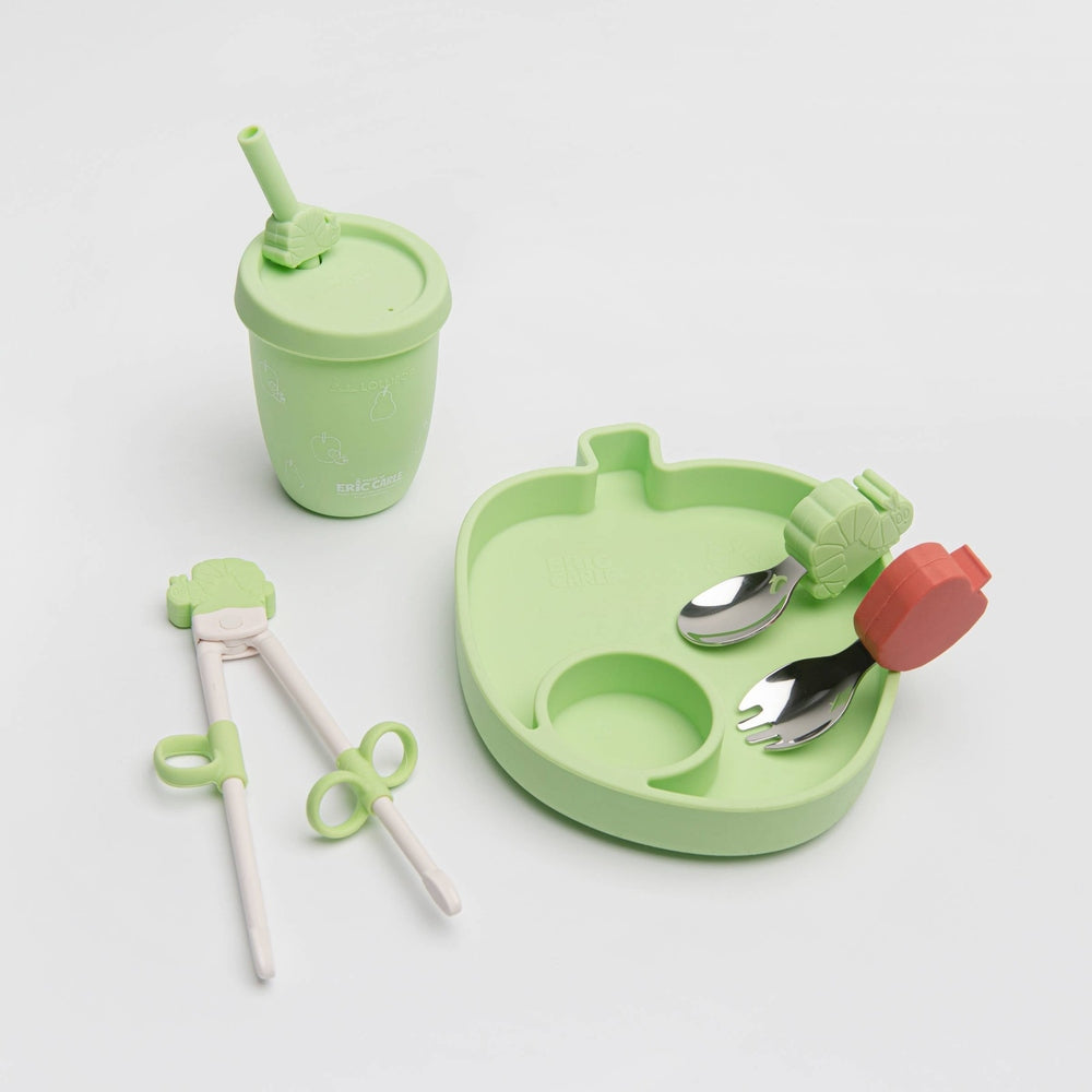 Loulou Lollipop Eric Carle Learning spoon and fork set with green caterpillar tray and cup, 3 pieces