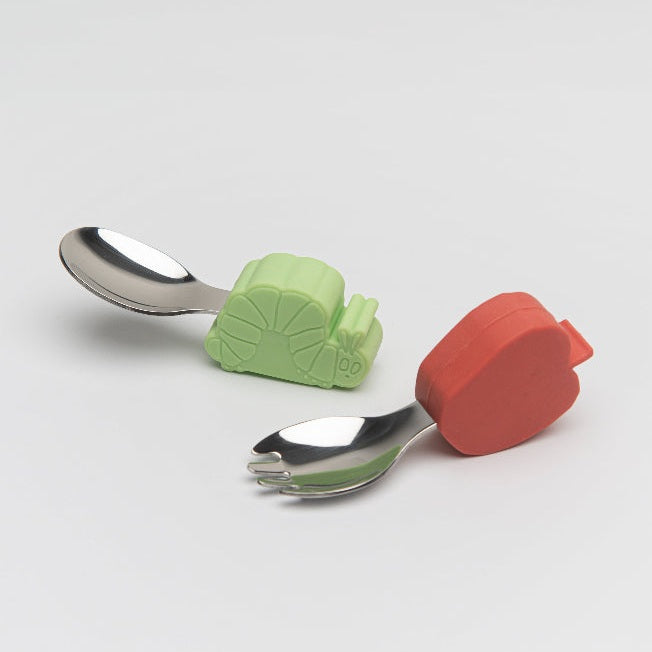 Loulou Lollipop learning spoon and fork set with green caterpillar handle and red blossom detail