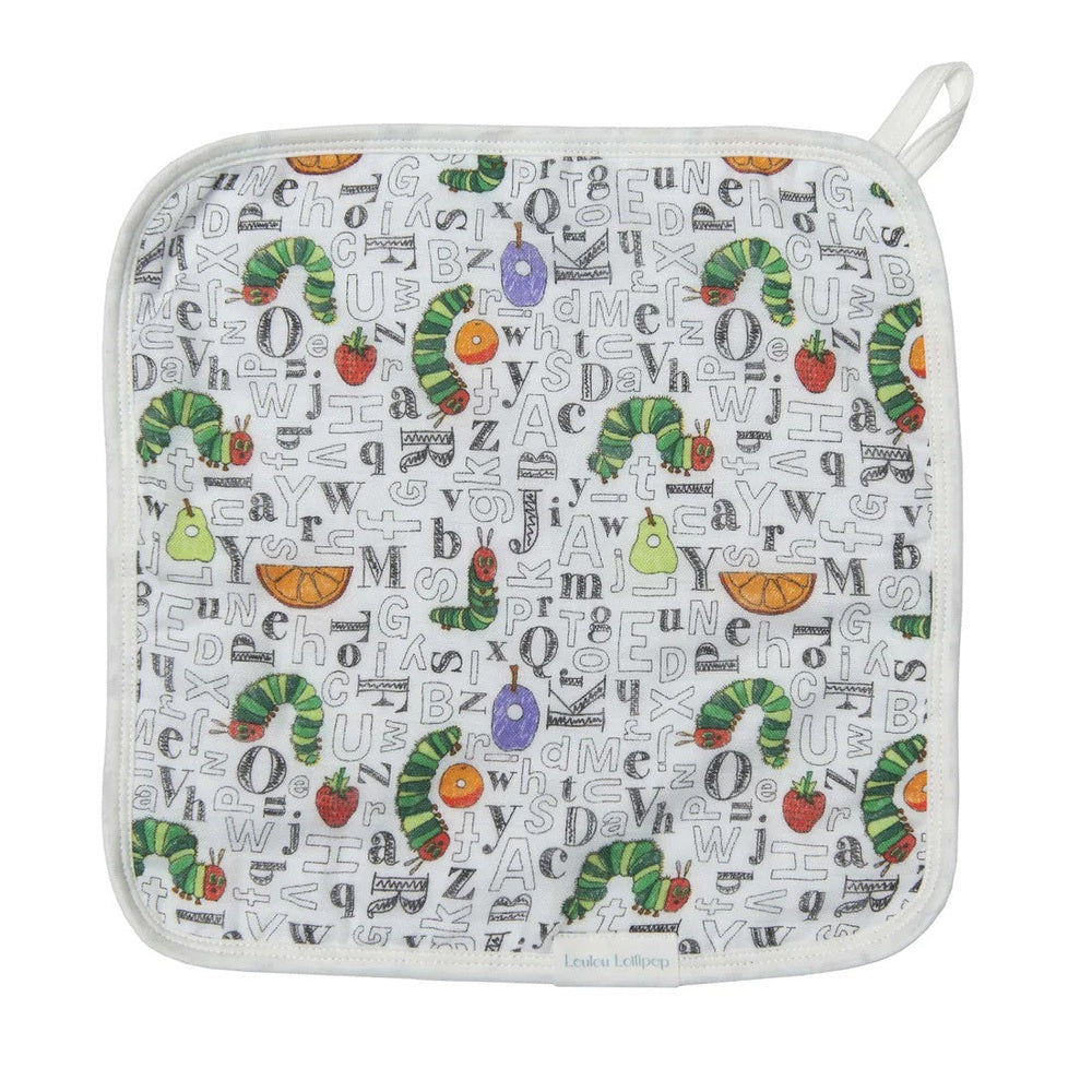Loulou Lollipop Eric Carle alphabet washcloth set with colorful caterpillars on white background