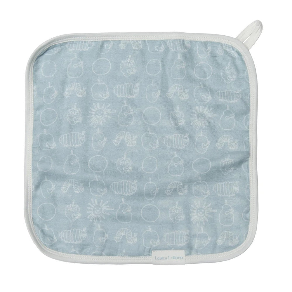 Loulou Lollipop Eric Carle alphabet washcloth set, light blue with white trim