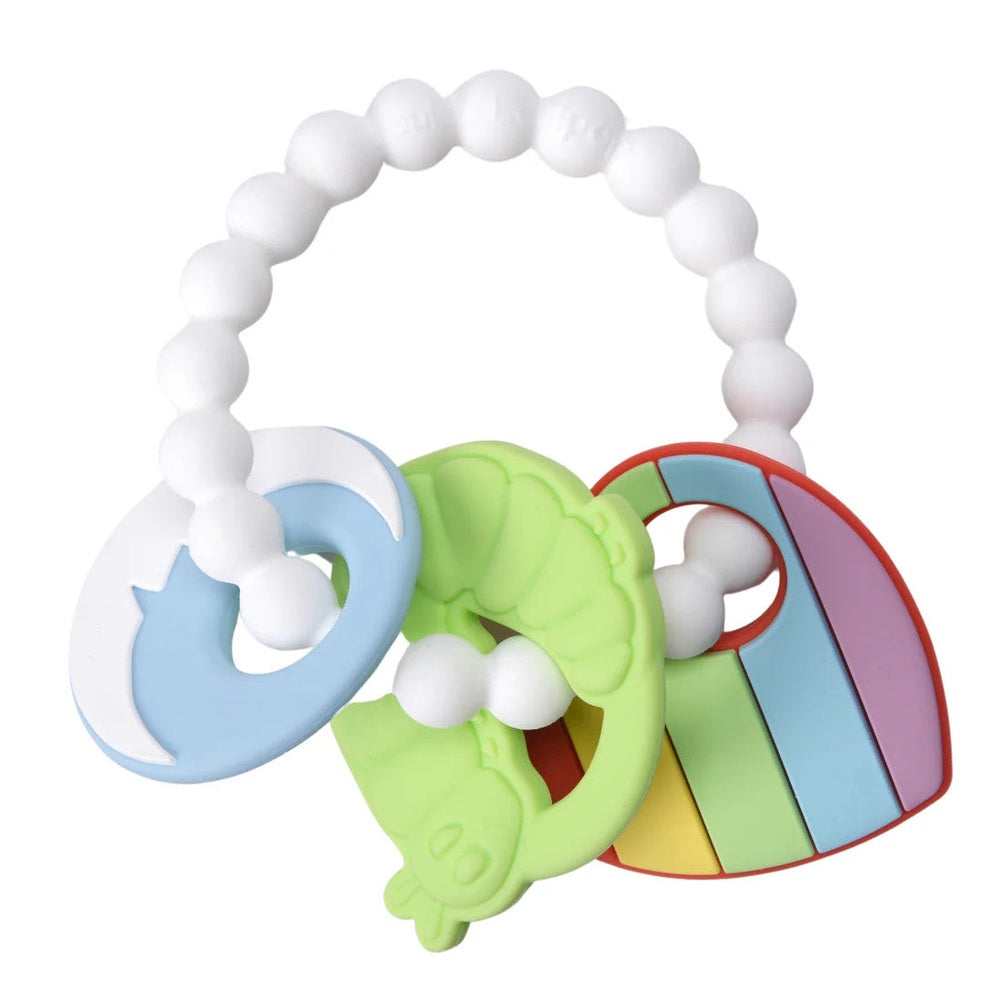 Loulou Lollipop Eric Carle World of Wonder teether charms set with white bead ring and rainbow-colored shapes