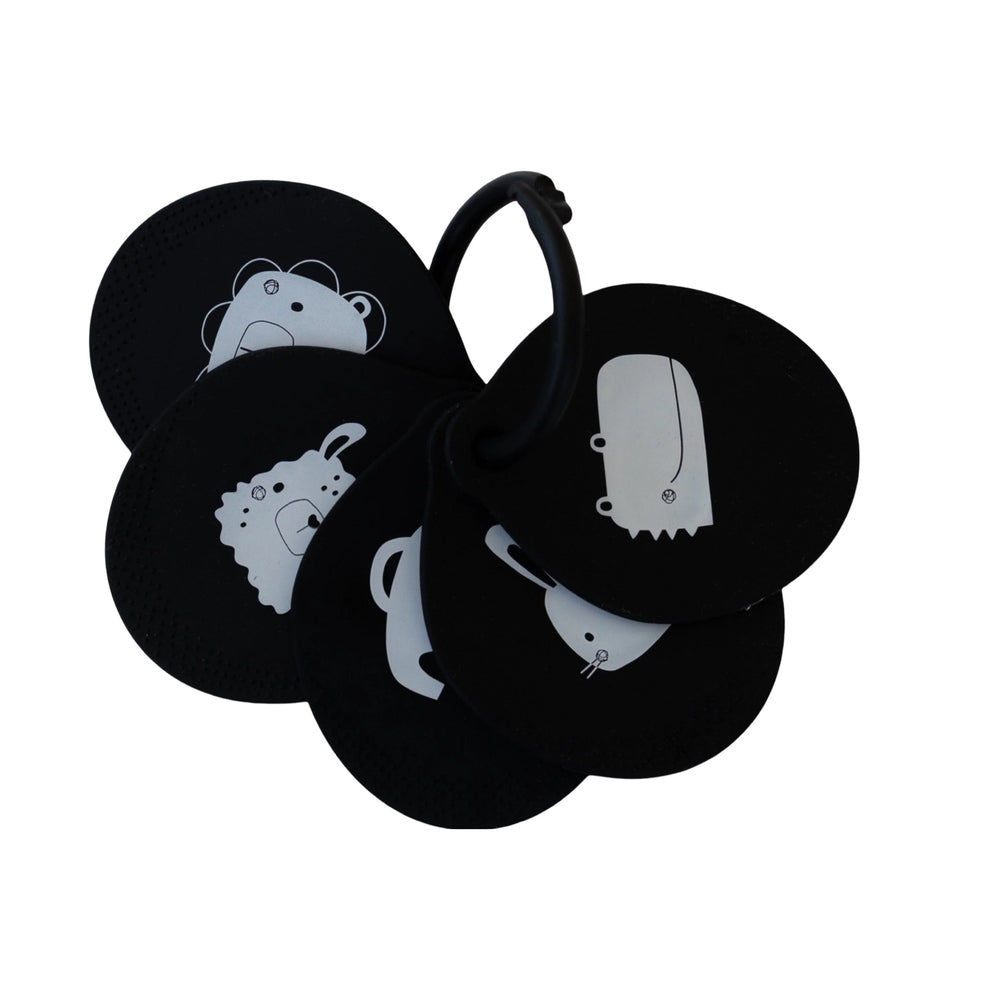 Loulou Lollipop flashcards set: round black cards on a ring with white animal illustrations