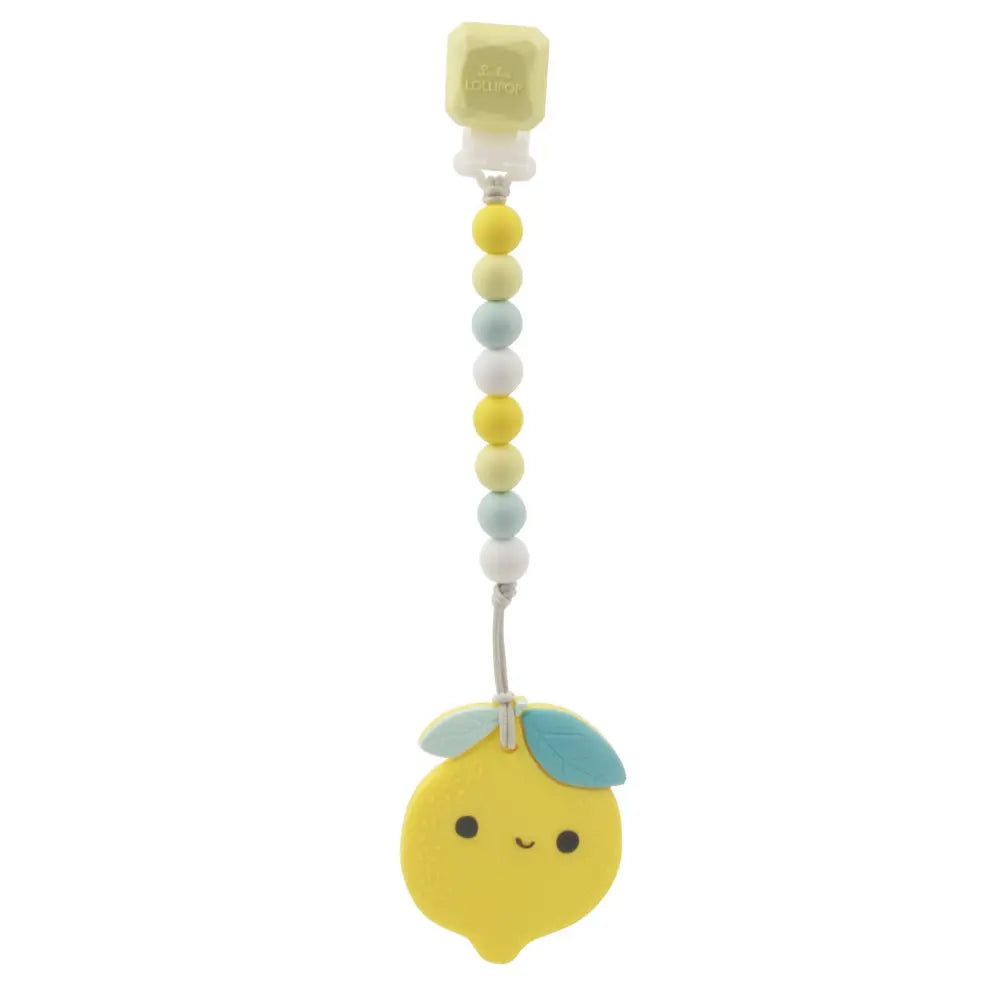 Loulou Lollipop Gem Pacifier Clip Teether Set with pastel bead chain and lemon charm dangling from a pacifier clip