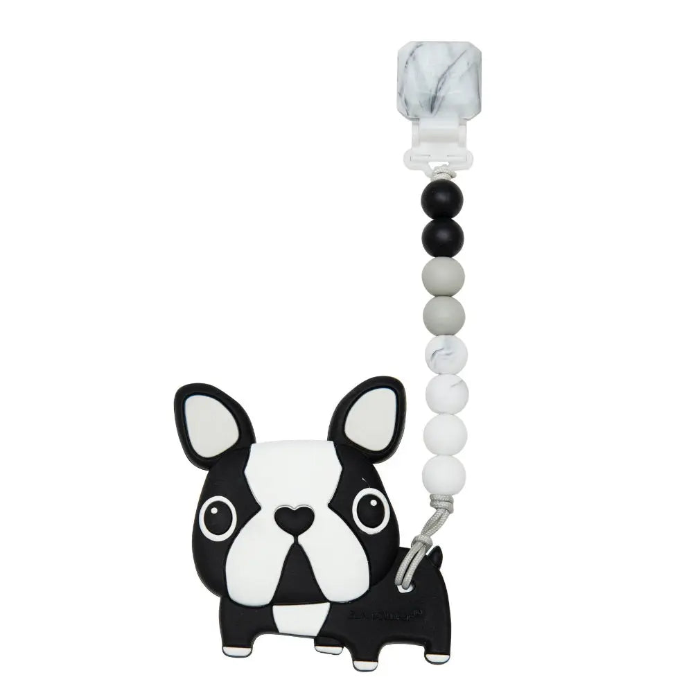 Loulou Lollipop Gem Pacifier Clip Teether Set: black-and-white bulldog silicone teether attached to a beaded strap with marble clip.