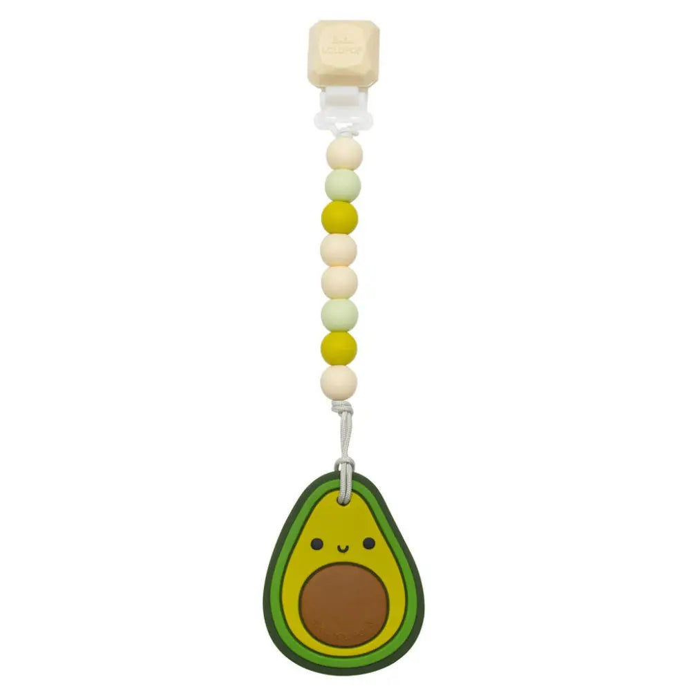 Loulou Lollipop Gem Pacifier Clip Teether Set featuring avocado teether and pastel bead chain clipped at the top.