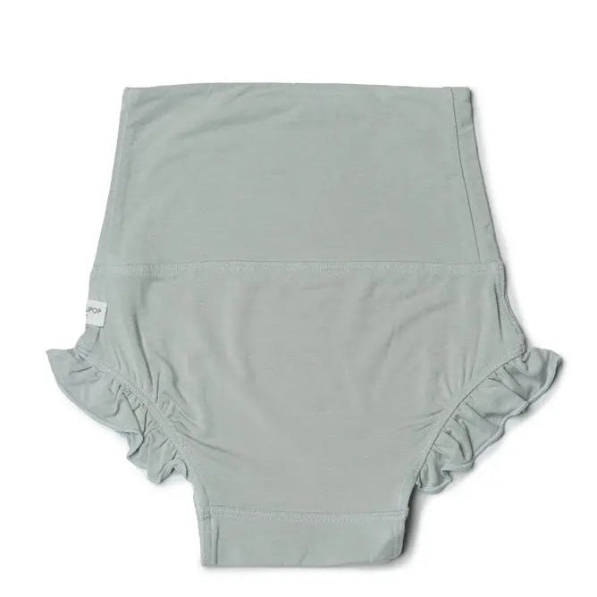 Loulou Lollipop Girl's Bloomer In Tencel Sage, soft sage fabric with elasticized, ruffled leg openings shown laid flat.