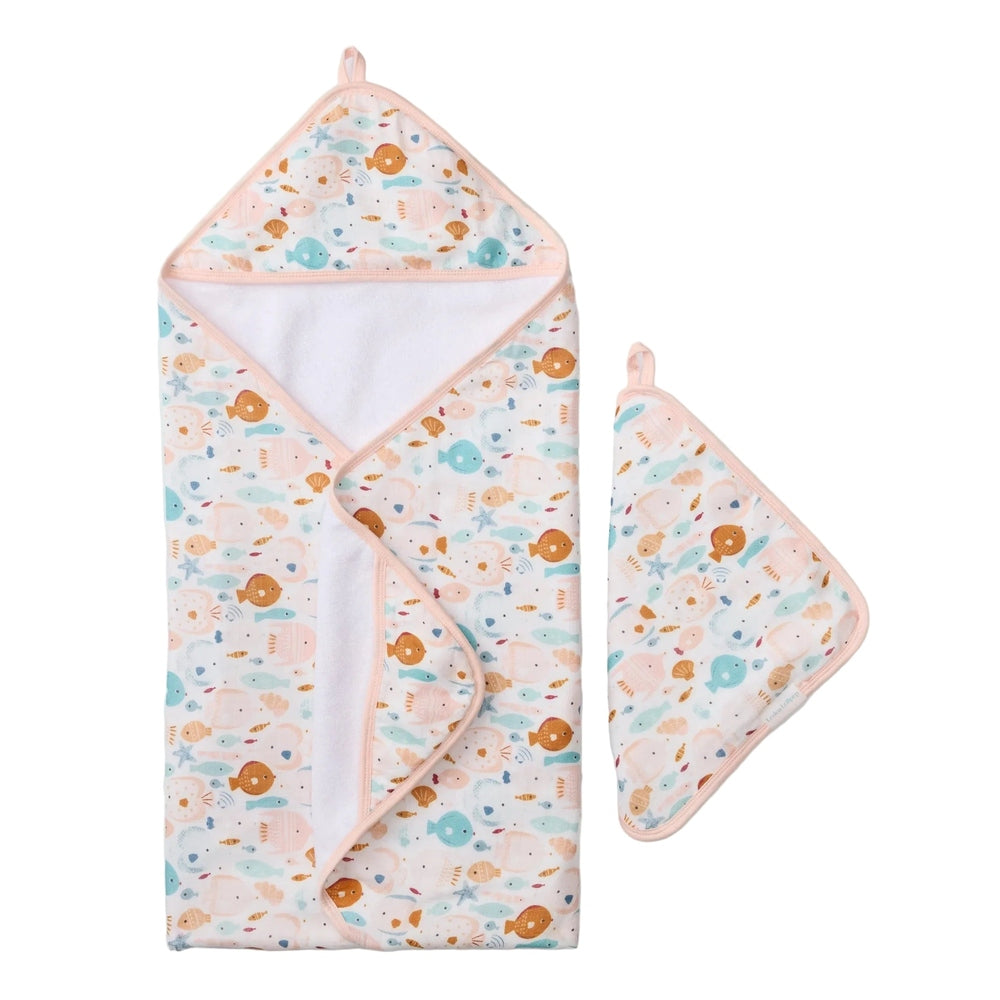 Loulou Lollipop Hooded Towel Set in pastel sea-life print with peach trim, includes hooded towel and wash mitt.