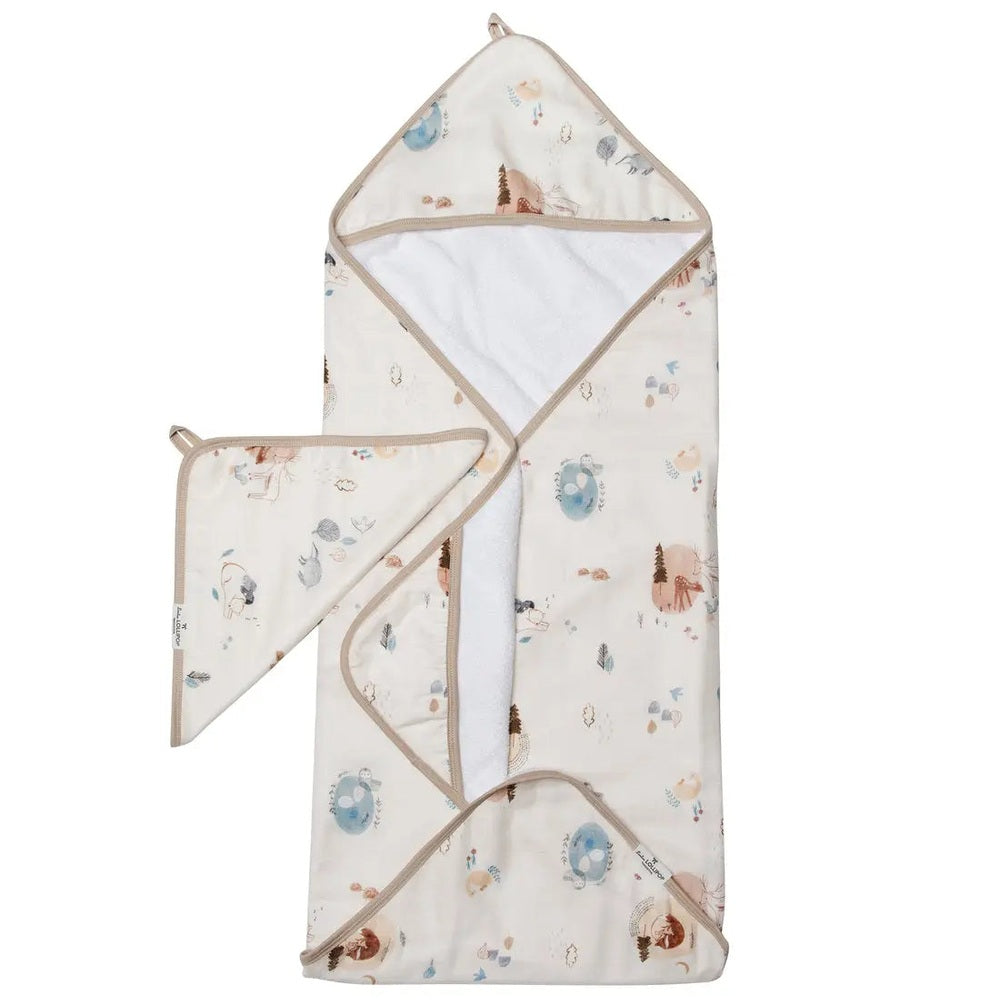 Loulou Lollipop Hooded Towel Set; cream woodland print with hooded towel opened to show plush white terry interior.