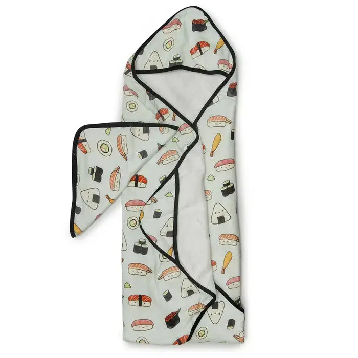LOULOU LOLLIPOP Hooded Towel Set, white sushi-print with black trim, displayed flat for bath time.