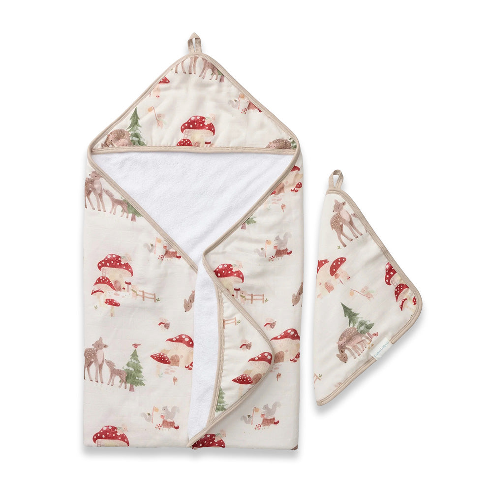Loulou Lollipop Hooded Towel Set in Cream with woodland print, includes hooded towel and matching washcloth