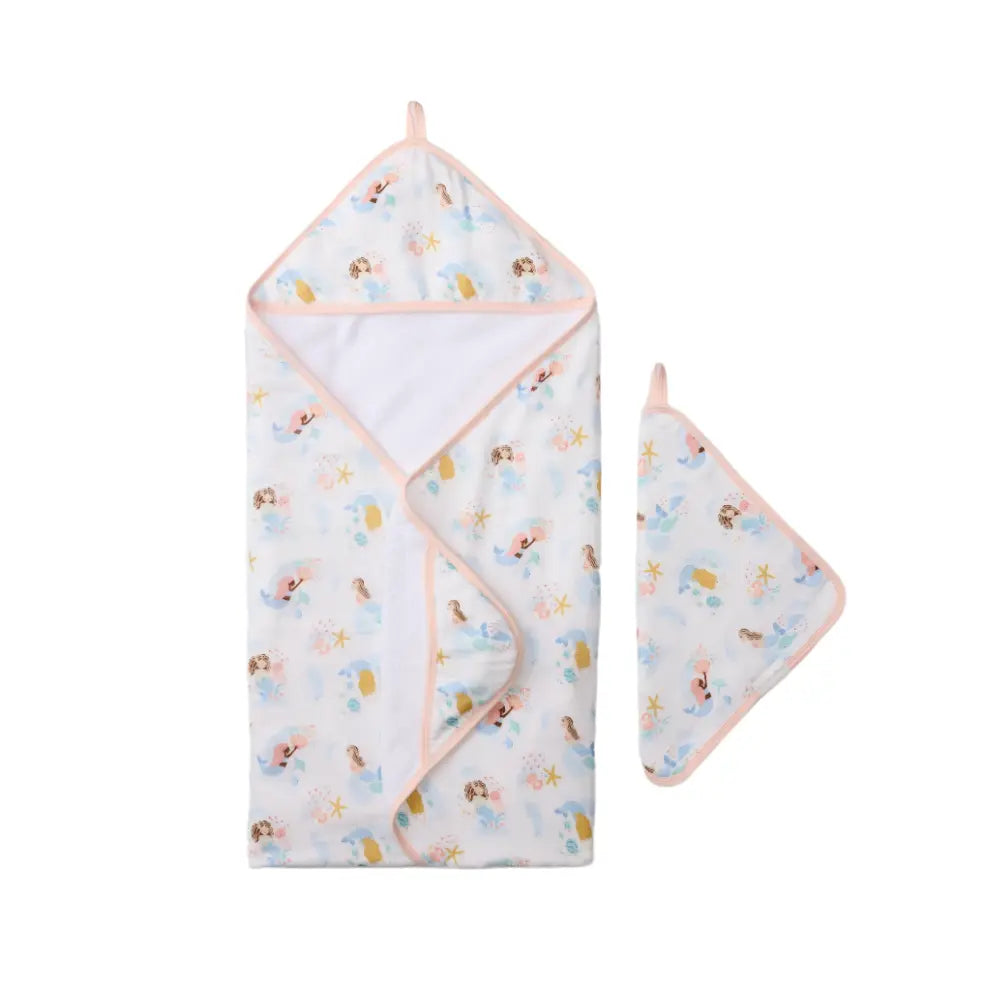 Loulou Lollipop Hooded Towel Set for babies in pastel white with pink trim; hooded towel and matching washcloth with sea-life print.