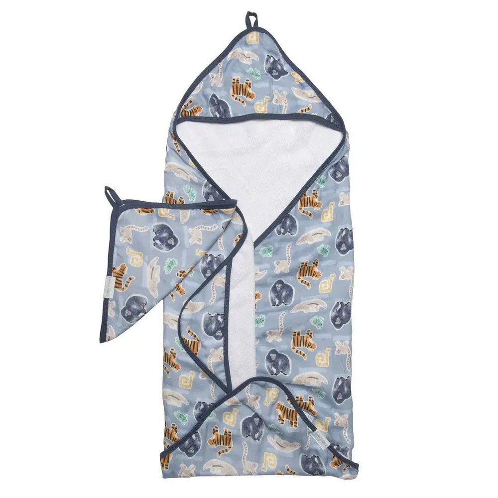 Loulou Lollipop Hooded Towel Set in blue animal print, baby bath duo shown with hooded towel and coordinating small towel.