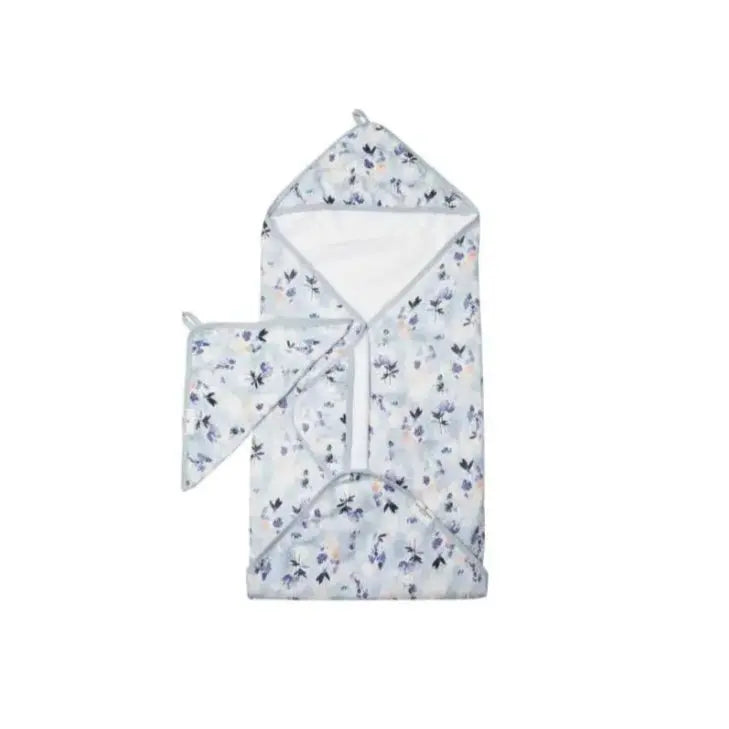 Loulou Lollipop Hooded Towel Set for babies, white with blue floral print, hooded towel displayed with matching washcloth.