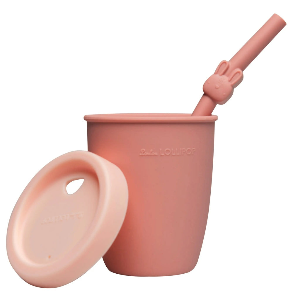 Loulou Lollipop Kids Silicone Cup With Straw Born To Be Wild in pink; straw with bunny topper ready for use