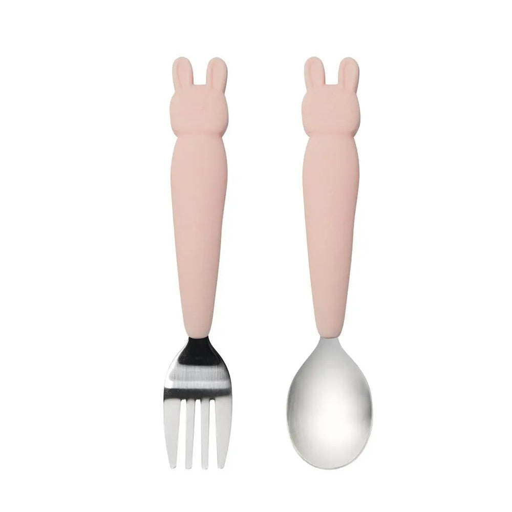 Loulou Lollipop Kids Spoon And Fork Set with pink bunny-handled utensils ready for toddler feeding.