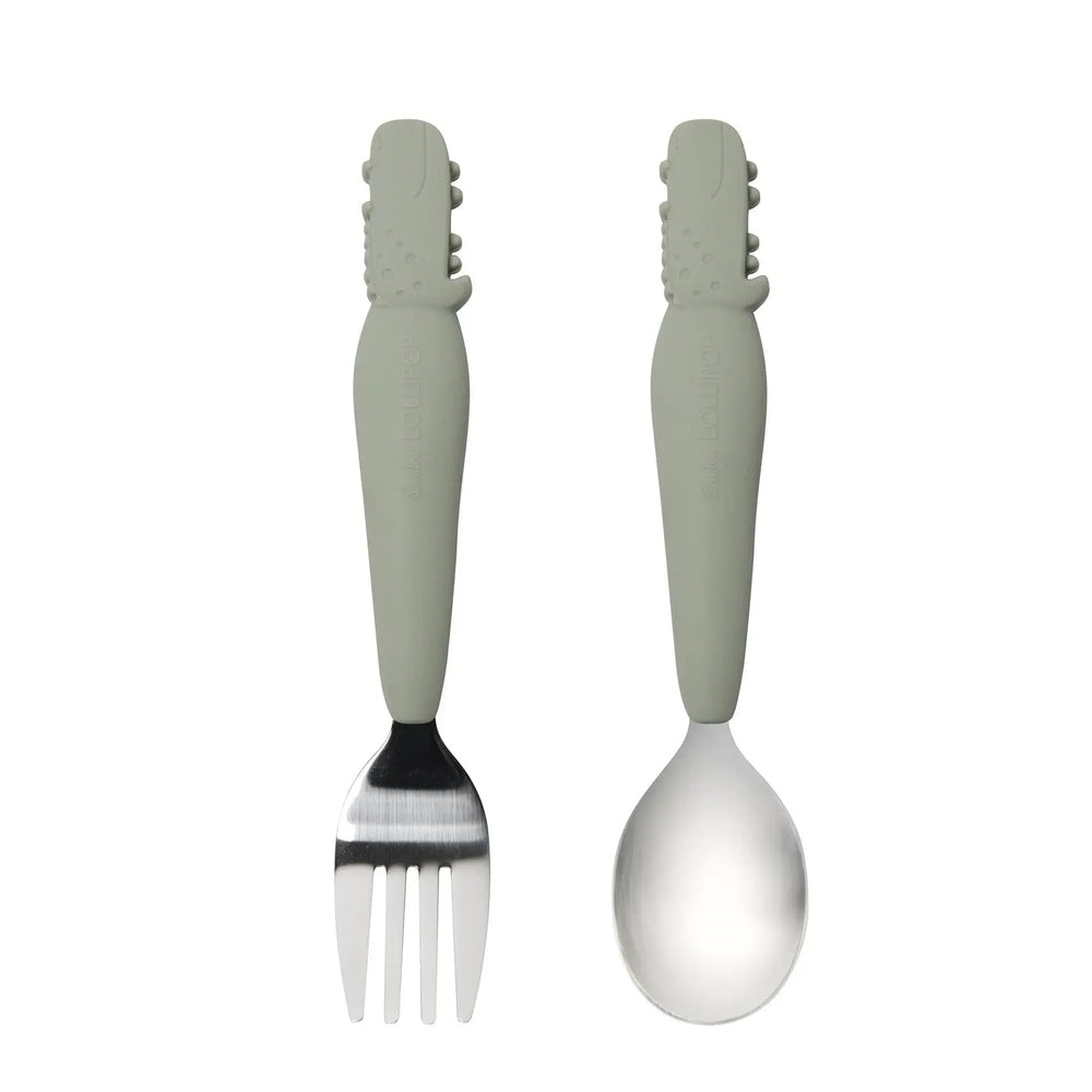 Loulou Lollipop Kids Spoon And Fork Set, grey silicone handles, textured tips, two pieces ready for toddler meals.