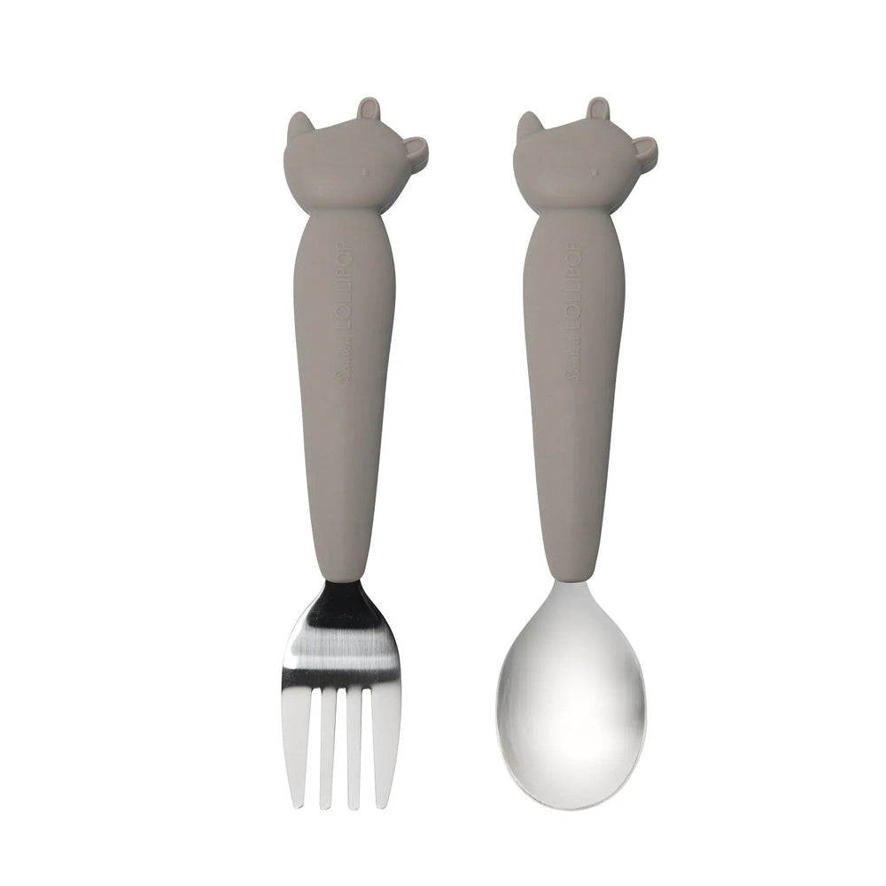 Loulou Lollipop Kids Spoon And Fork Set with gray handles and bear toppers, two utensils displayed side by side.