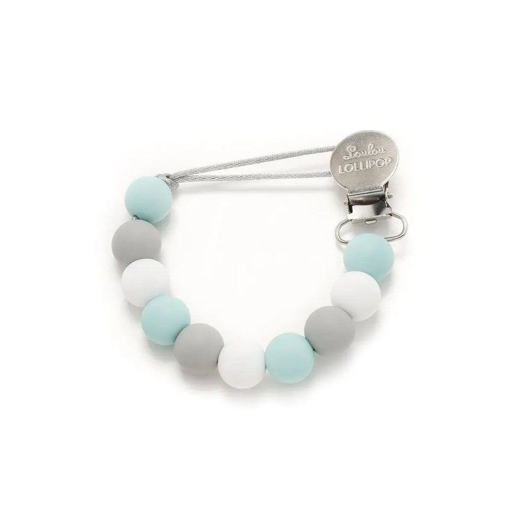 Loulou Lollipop Lolli Silicone Pacifier Clip with pastel aqua, gray and white beads and metal logo clip securing the cord.