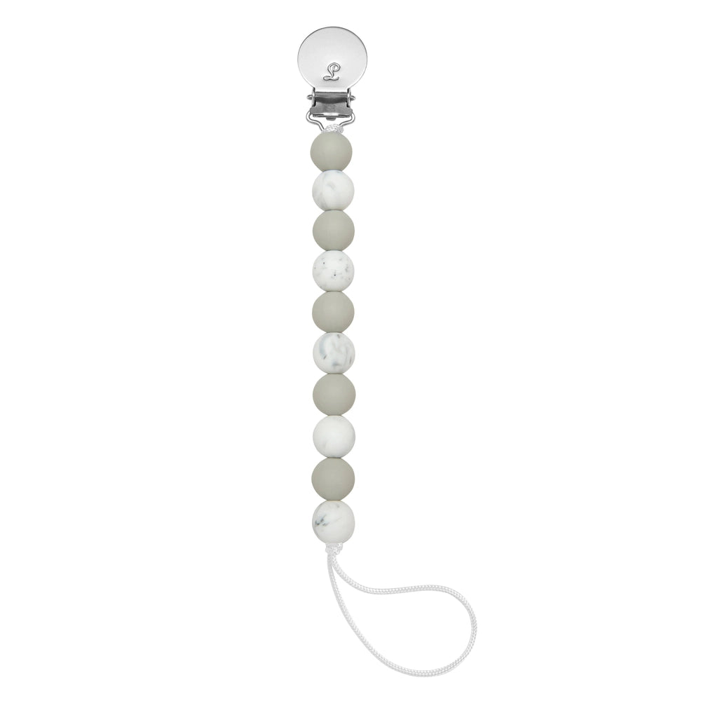 Loulou Lollipop Lolli Silicone Pacifier Clip with grey marble beads and top clip, showing the attachable loop.