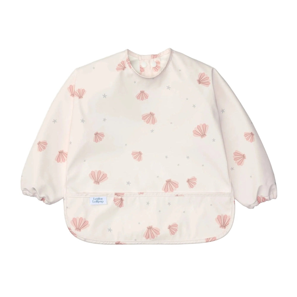 Loulou Lollipop Long Sleeve Bib Seashells Bib in Cream with Pink Seashells and Gray Stars