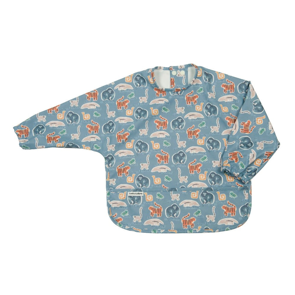 Loulou Lollipop Jungle Friends long-sleeve bib in blue with tiger, elephant and giraffe print