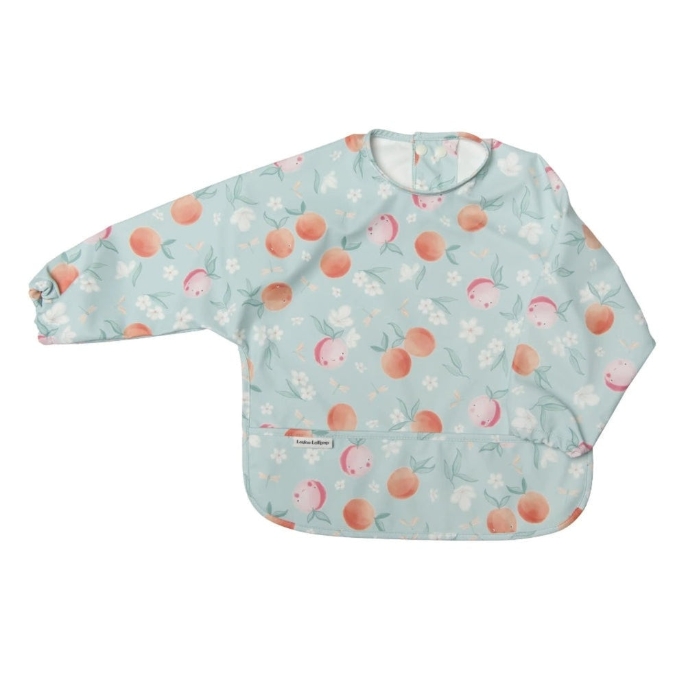 Loulou Lollipop long-sleeve bib in light blue with peach and white floral print