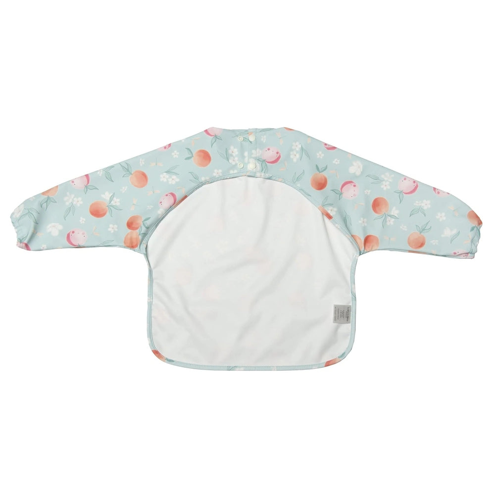 Loulou Lollipop long-sleeve bib peaches pattern; pastel blue with white lining