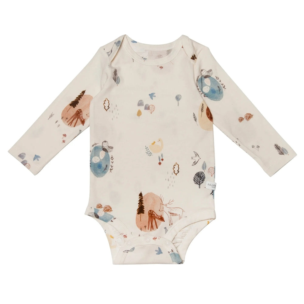 Loulou Lollipop Cozy Forest long-sleeve baby bodysuit in cream with woodland animals print, laid flat.