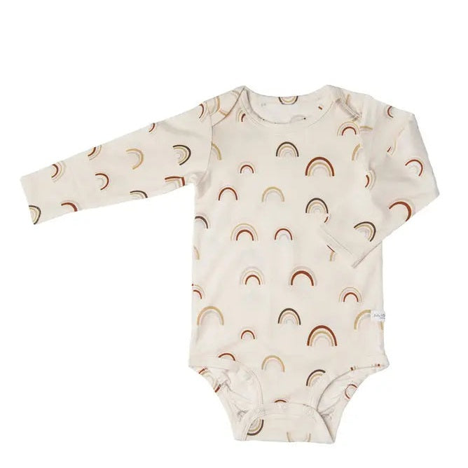 Loulou Lollipop Long Sleeve Bodysuit In Tencel Canyon Rainbow on cream, flat‑lay showing long sleeves and snap bottom.