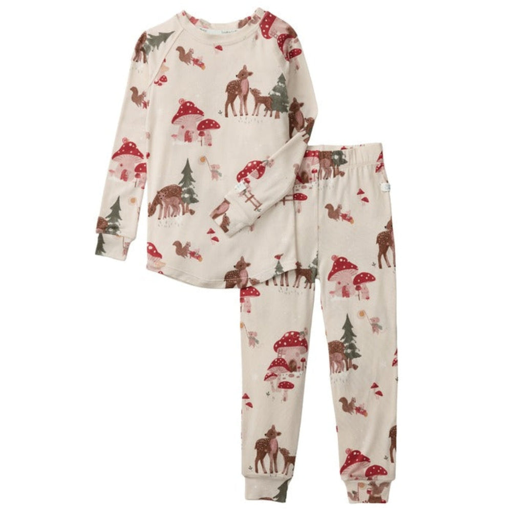 LOULOU LOLLIPOP Forest Families long-sleeve pajama set in cream with woodland print laid flat.