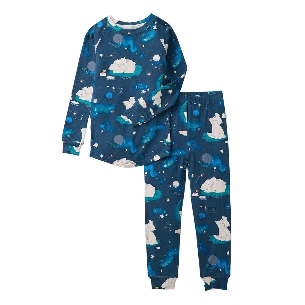 Loulou Lollipop Long Sleeve Pajama Set Stargazing Bear laid out in navy blue with white bear prints and galaxy pattern.