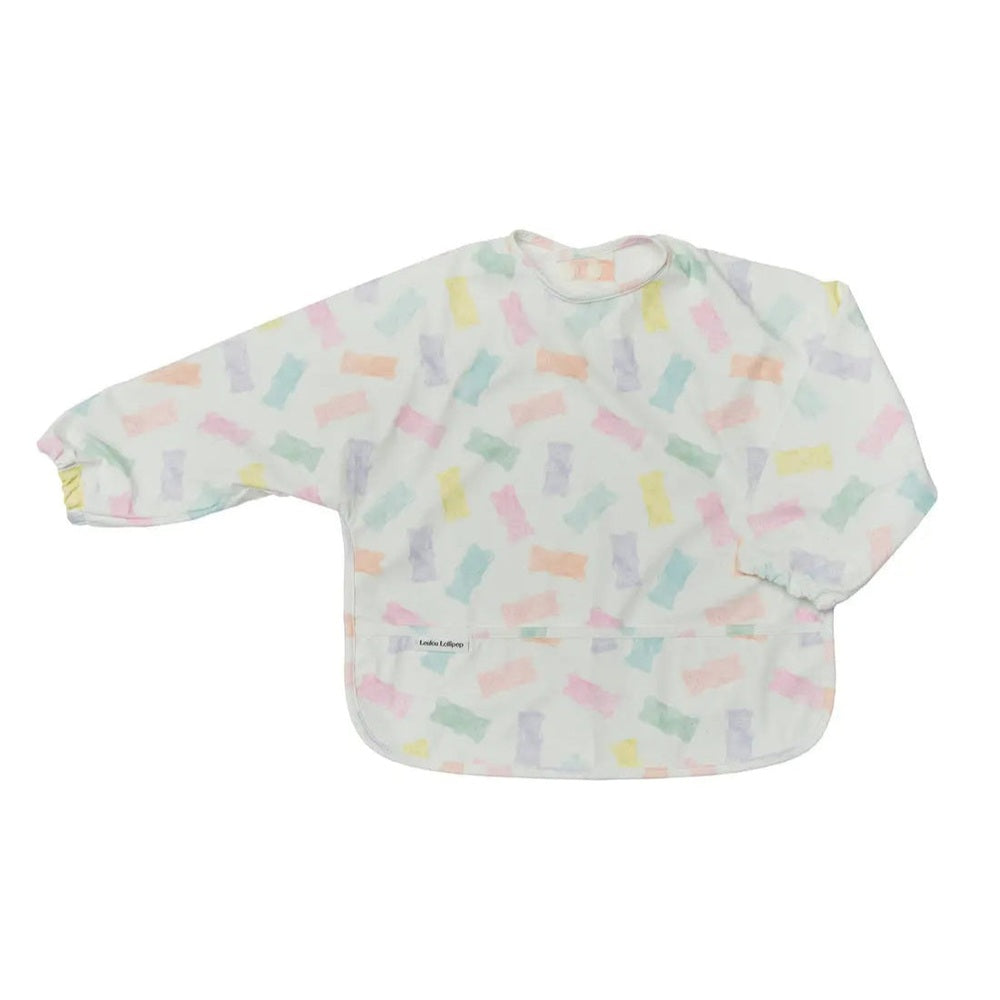 Loulou Lollipop Long Sleeve Waterproof Bib in pastel multicolor pattern with elastic cuffs and front pocket to catch spills.