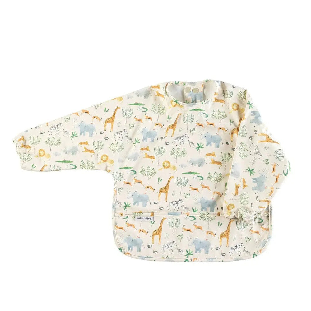 Loulou Lollipop Long Sleeve Waterproof Bib in cream with pastel animals; sleeves protect clothing and front pocket catches crumbs.