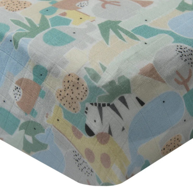 Loulou Lollipop muslin fitted crib sheet in colorful animal puzzle print