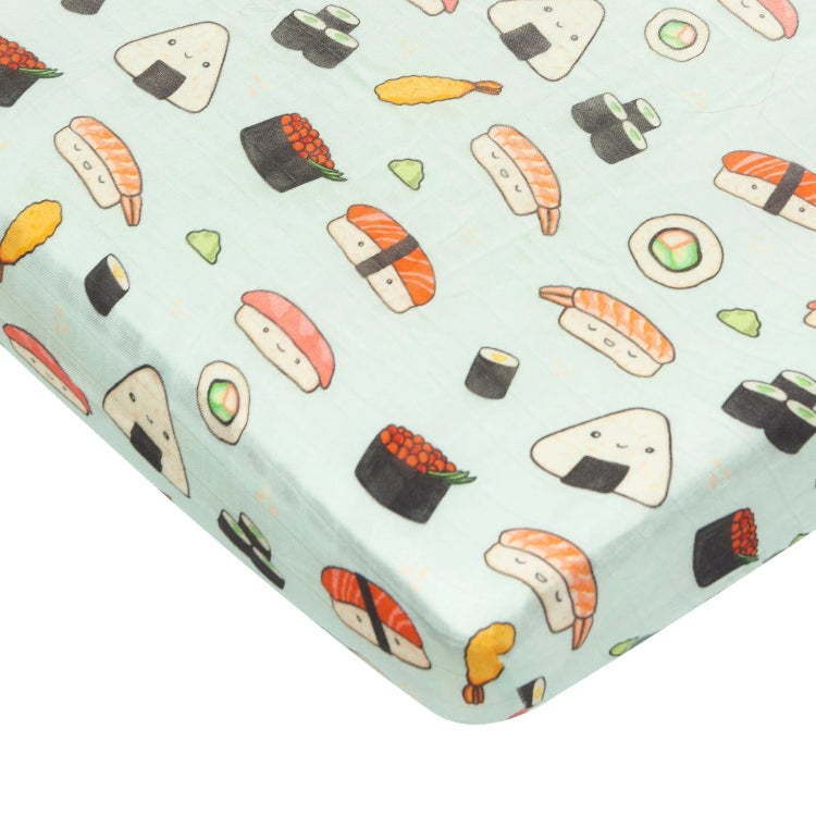 Loulou Lollipop sushi print muslin fitted crib sheet in light blue crib bedding