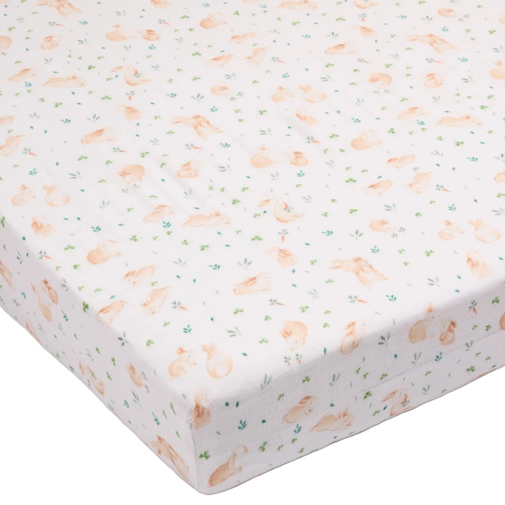 LOULOU LOLLIPOP muslin fitted crib sheet, Bunny Meadow print with peach bunnies on white background